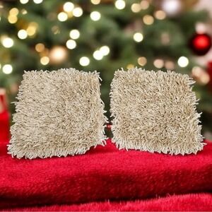 Luxury Perazzi Shag Decorative Throw Pillows Cream Beige Fringe Home Decor 2 Set